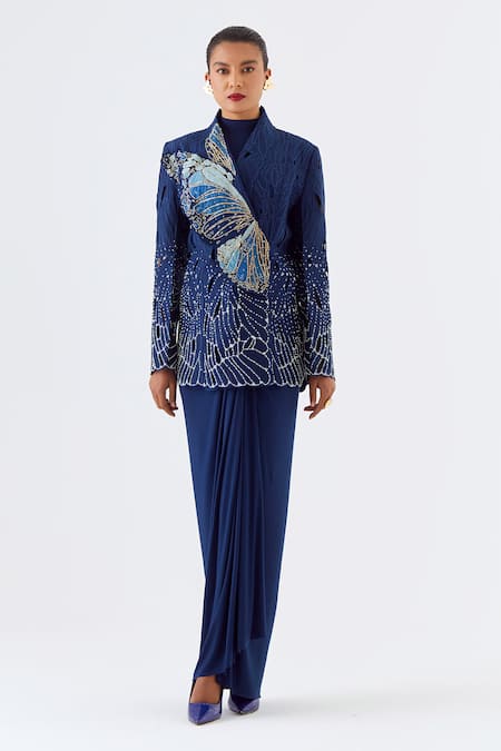 Buy_Jajaabor_Blue Chanderi Silk, Jersey Beads, Embroidery Cutwork Butterfly Jacket Skirt Set _Online_at_Aza_Fashions