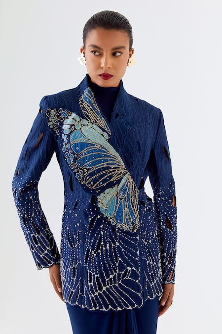 Shop_Jajaabor_Blue Chanderi Silk, Jersey Beads, Embroidery Cutwork Butterfly Jacket Skirt Set _Online_at_Aza_Fashions