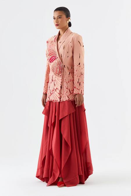 Jajaabor_Peach Silk, Silk, Cut Cutwork Butterfly Jacket And Skirt Set _Online_at_Aza_Fashions