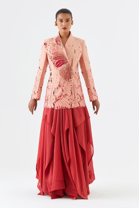 Jajaabor Cutwork Butterfly Embroidered Jacket & Skirt Set 