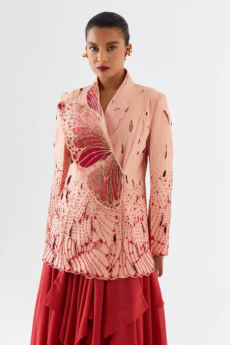 Shop_Jajaabor_Peach Silk, Silk, Cut Cutwork Butterfly Jacket And Skirt Set _Online_at_Aza_Fashions