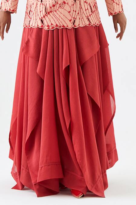 Jajaabor_Peach Silk, Silk, Cut Cutwork Butterfly Jacket And Skirt Set _at_Aza_Fashions