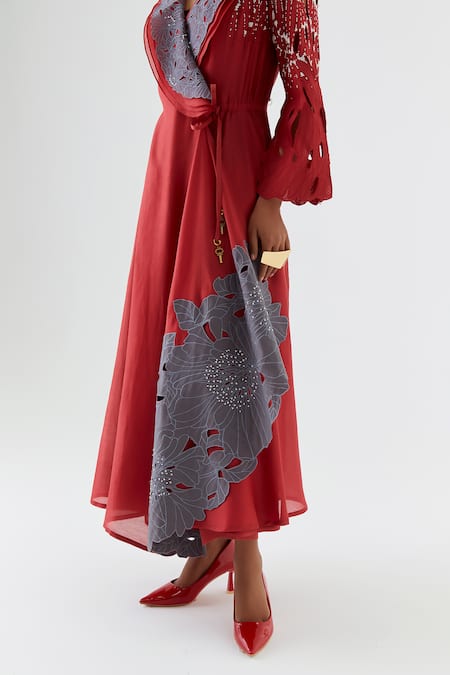 Shop_Jajaabor_Red Chanderi , Organza Cut Work, Layered Angarkha Kurta And Pant Set _Online_at_Aza_Fashions