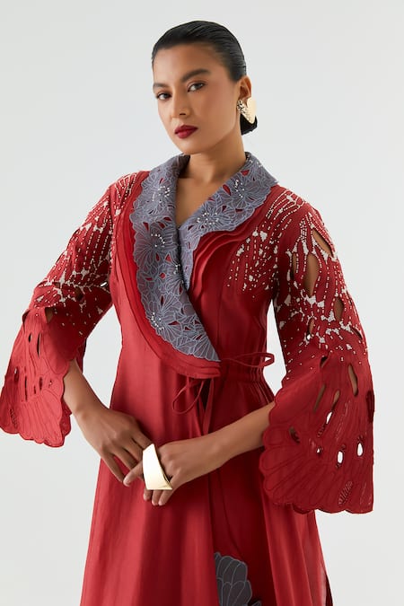 Jajaabor_Red Chanderi , Organza Cut Work, Layered Angarkha Kurta And Pant Set _at_Aza_Fashions