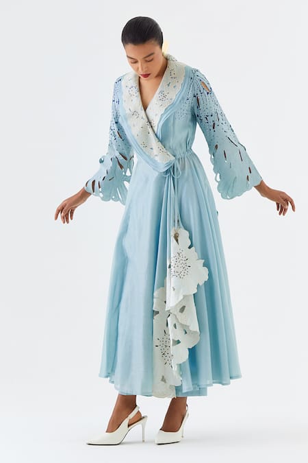 Jajaabor_Blue Chanderi , Organza Cut Work, Layered Angarkha Kurta And Pant Set _Online_at_Aza_Fashions