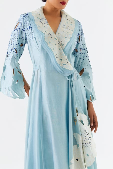 Buy_Jajaabor_Blue Chanderi , Organza Cut Work, Layered Angarkha Kurta And Pant Set _Online_at_Aza_Fashions