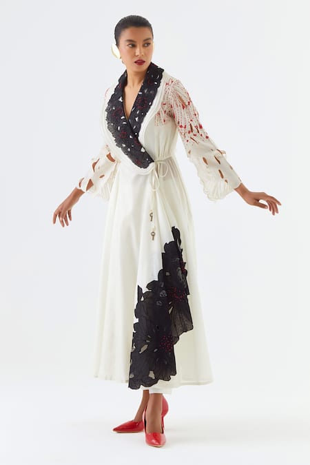 Jajaabor_Ivory Organza, Chanderi Embroidery, Cut Layered Angarkha And Pant Set _Online_at_Aza_Fashions