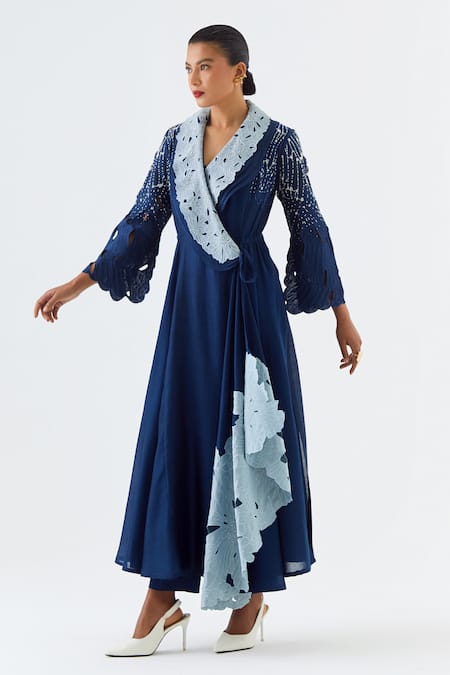 Jajaabor_Blue Organza, Chanderi Embroidery, Layered Overlap Angarkha And Pant Set _Online_at_Aza_Fashions