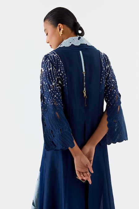 Shop_Jajaabor_Blue Organza, Chanderi Embroidery, Layered Overlap Angarkha And Pant Set _Online_at_Aza_Fashions