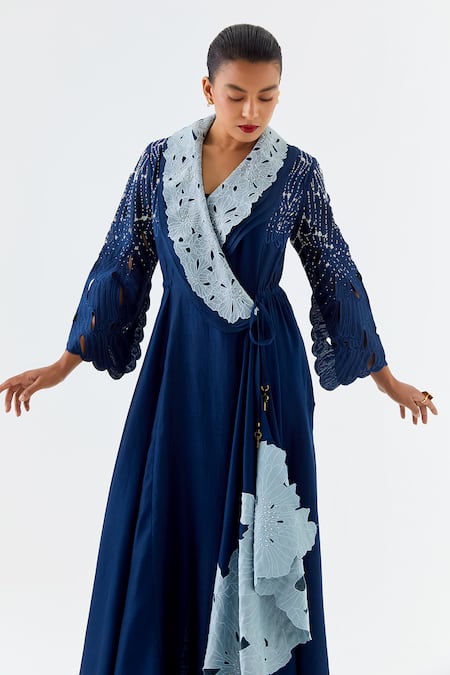 Jajaabor_Blue Organza, Chanderi Embroidery, Layered Overlap Angarkha And Pant Set _at_Aza_Fashions