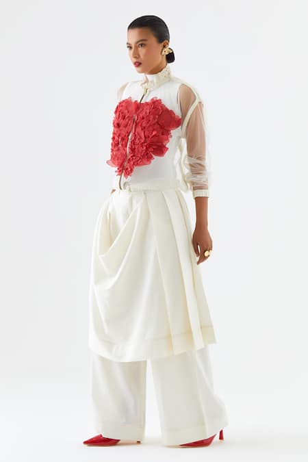 Buy_Jajaabor_Ivory Net, Cotton, Linen Applique Heart Embroidered Bomber Jacket And Pant Set _Online_at_Aza_Fashions