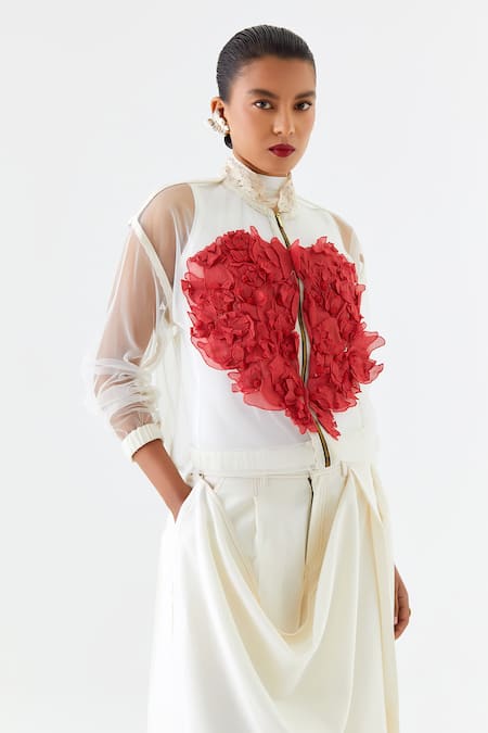 Shop_Jajaabor_Ivory Net, Cotton, Linen Applique Heart Embroidered Bomber Jacket And Pant Set _Online_at_Aza_Fashions
