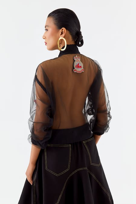 Jajaabor_Black Net, Cotton, Linen Applique, Embroidery High Bomber Jacket And Skirt Set _Online_at_Aza_Fashions