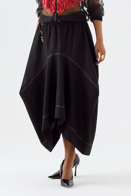 Buy_Jajaabor_Black Net, Cotton, Linen Applique, Embroidery High Bomber Jacket And Skirt Set _Online_at_Aza_Fashions