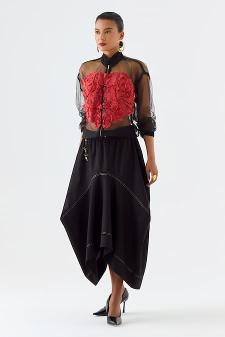 Jajaabor_Black Net, Cotton, Linen Applique, Embroidery High Bomber Jacket And Skirt Set _at_Aza_Fashions
