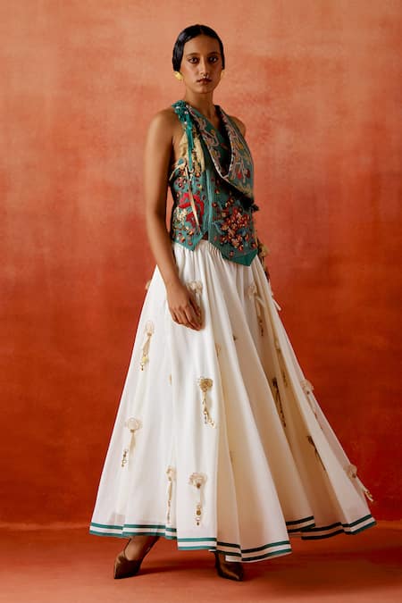 Jajaabor_Green Chanderi Embroidery, Sequins, Fabric Flowers, Tassels Jacket And Skirt Set _Online_at_Aza_Fashions