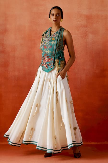 Jajaabor Embroidered Cowl Neck Jacket & Skirt Set 