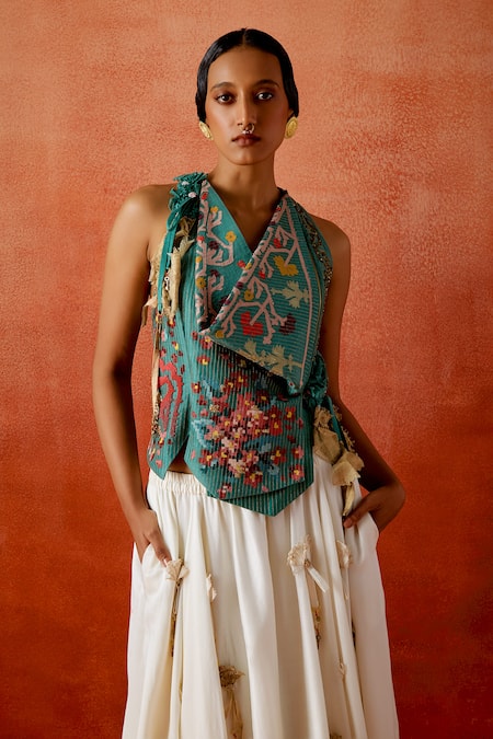 Shop_Jajaabor_Green Chanderi Embroidery, Sequins, Fabric Flowers, Tassels Jacket And Skirt Set _Online_at_Aza_Fashions