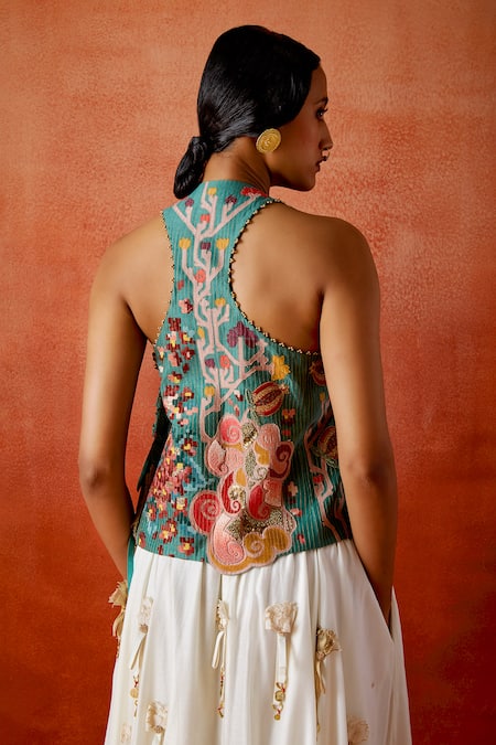 Jajaabor_Green Chanderi Embroidery, Sequins, Fabric Flowers, Tassels Jacket And Skirt Set _at_Aza_Fashions