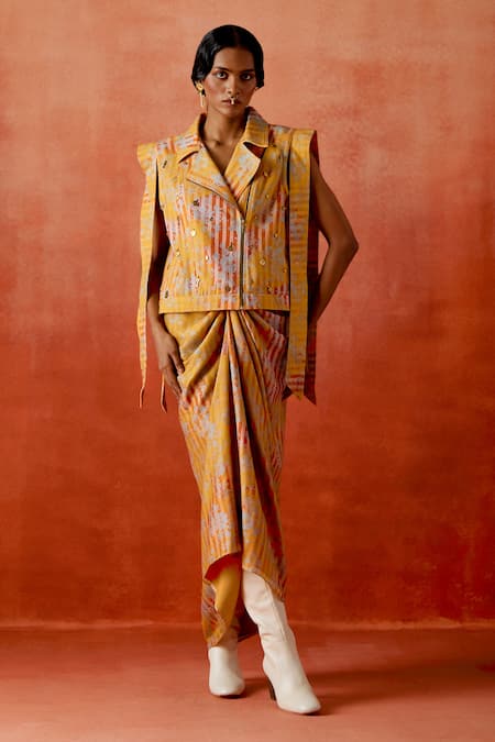 Jajaabor Striped Print Jacket & Knotted Skirt Set 