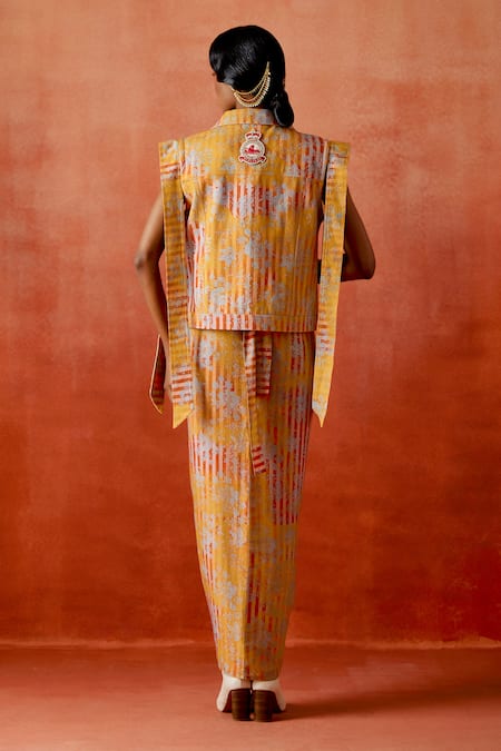 Jajaabor_Yellow Denim Studs Collared Striped Print Jacket And Knotted Skirt Set _Online_at_Aza_Fashions