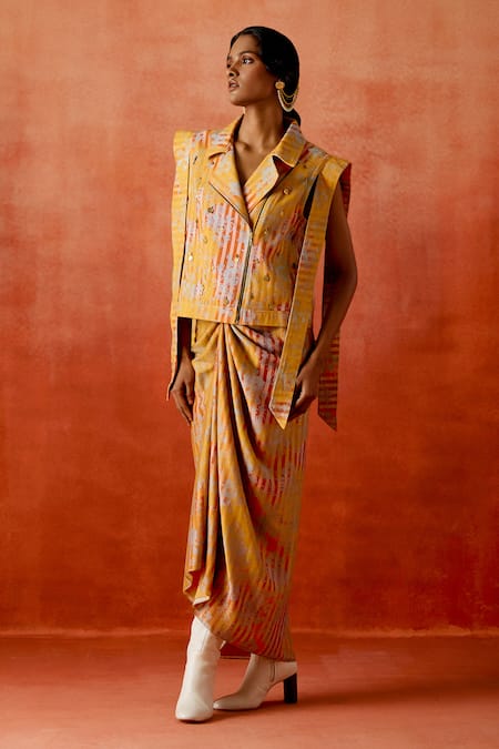 Buy_Jajaabor_Yellow Denim Studs Collared Striped Print Jacket And Knotted Skirt Set _Online_at_Aza_Fashions