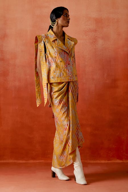 Shop_Jajaabor_Yellow Denim Studs Collared Striped Print Jacket And Knotted Skirt Set _Online_at_Aza_Fashions