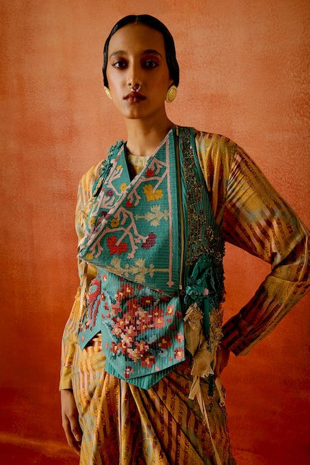 Shop_Jajaabor_Green , , Embroidery Cowl Jacket With Printed Dress _Online_at_Aza_Fashions