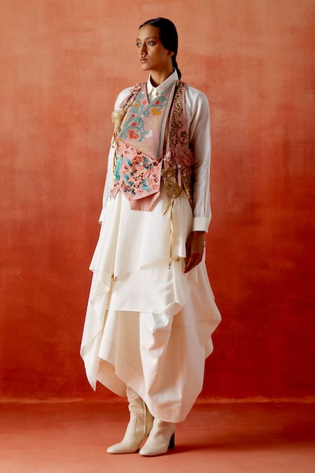 Buy_Jajaabor_Pink Chanderi Silk, Denim Embroidery, Beads Racerback, Cowl Jacket Skirt Set _Online_at_Aza_Fashions