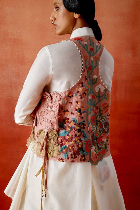Shop_Jajaabor_Pink Chanderi Silk, Denim Embroidery, Beads Racerback, Cowl Jacket Skirt Set _Online_at_Aza_Fashions