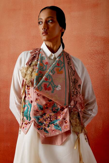 Jajaabor_Pink Chanderi Silk, Denim Embroidery, Beads Racerback, Cowl Jacket Skirt Set _at_Aza_Fashions