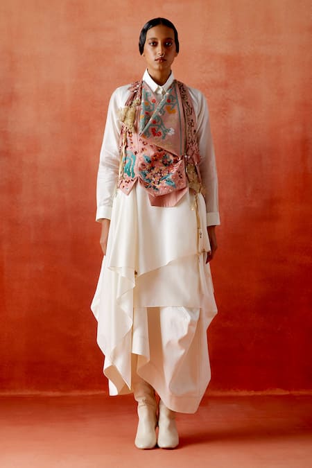 Buy_Jajaabor_Pink Chanderi Silk, Denim Embroidery, Beads Racerback, Cowl Jacket Skirt Set 