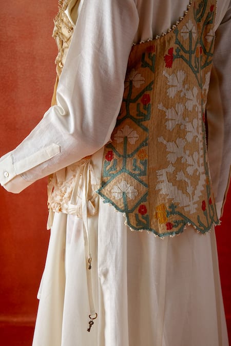 Jajaabor_Beige Chanderi Silk, Silk, Chanderi, Linen, Cotton Fabric 3d Jacket Pant Set _Online_at_Aza_Fashions