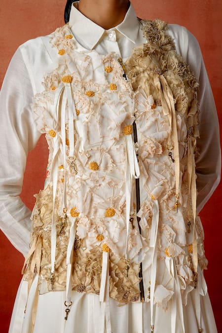 Shop_Jajaabor_Beige Chanderi Silk, Silk, Chanderi, Linen, Cotton Fabric 3d Jacket Pant Set _Online_at_Aza_Fashions