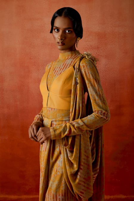Shop_Jajaabor_Yellow Jersey High Neck, Pre-draped Saree Set With Bodysuit _Online_at_Aza_Fashions