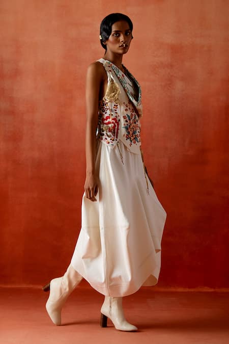 Shop Jajaabor Ivory Chanderi Silk, Denim Embroidery, Metallic Thread Jacket And Skirt Set Online at Aza Fashions Shop_Jajaabor_Ivory Chanderi Silk, Denim Embroidery, Metallic Thread Jacket And Skirt Set _Online_at_Aza_Fashions