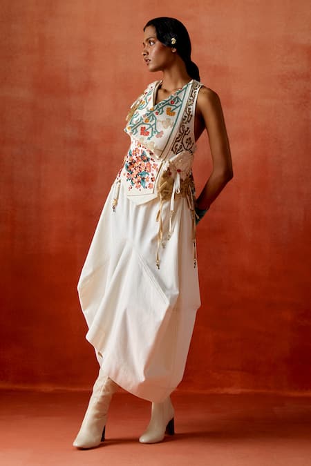 Jajaabor Ivory Chanderi Silk, Denim Embroidery, Metallic Thread Jacket And Skirt Set at Aza Fashions Jajaabor_Ivory Chanderi Silk, Denim Embroidery, Metallic Thread Jacket And Skirt Set _at_Aza_Fashions