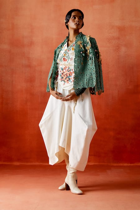 Jajaabor_Ivory Silk, Chanderi, Denim Embroidery, Beads Racerback, Cutwork Cape Skirt Set _Online_at_Aza_Fashions