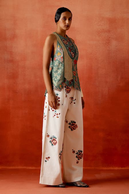 Jajaabor_Green Chanderi Silk, Denim Embroidery Halter Neck Jacket And Pant Set _Online_at_Aza_Fashions