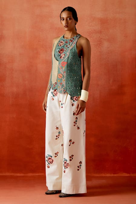 Buy_Jajaabor_Green Chanderi Silk, Denim Embroidery Halter Neck Jacket And Pant Set _Online_at_Aza_Fashions