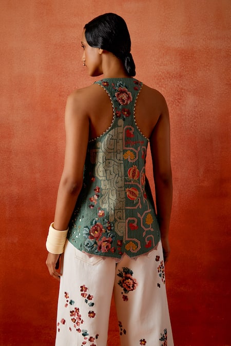 Shop_Jajaabor_Green Chanderi Silk, Denim Embroidery Halter Neck Jacket And Pant Set _Online_at_Aza_Fashions