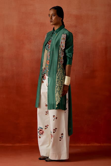Jajaabor_Green Chanderi Silk, Denim Embroidery Collared Jacket Palazzo Set _Online_at_Aza_Fashions
