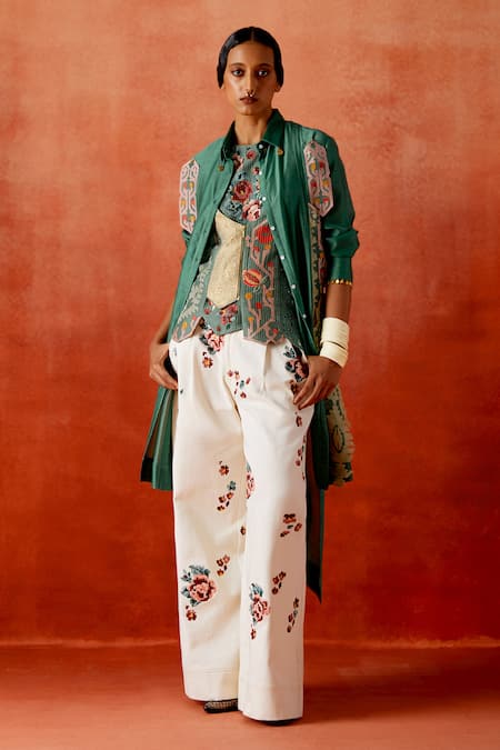 Buy_Jajaabor_Green Chanderi Silk, Denim Embroidery Collared Jacket Palazzo Set _Online_at_Aza_Fashions