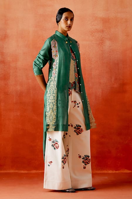 Shop_Jajaabor_Green Chanderi Silk, Denim Embroidery Collared Jacket Palazzo Set _Online_at_Aza_Fashions