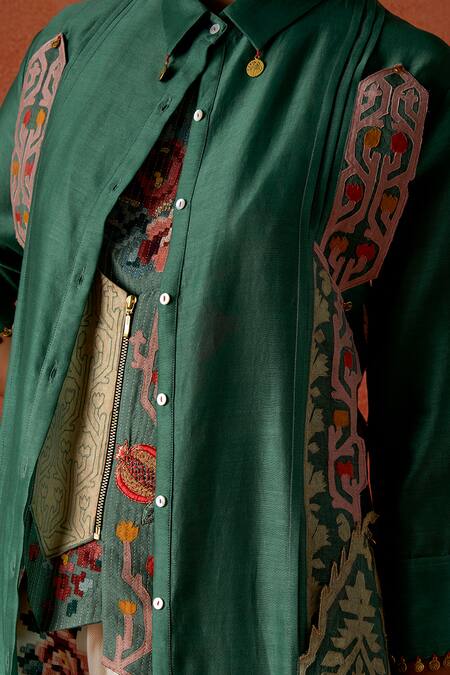 Jajaabor_Green Chanderi Silk, Denim Embroidery Collared Jacket Palazzo Set _at_Aza_Fashions