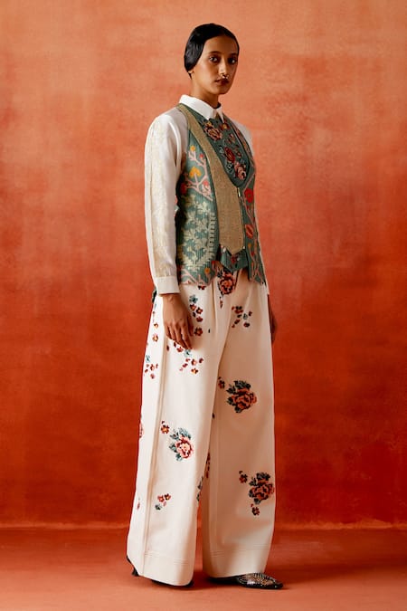 Buy_Jajaabor_Ivory Chanderi Silk, Denim Embroidery Collared, Open Neck Jacket Pant Set _Online_at_Aza_Fashions