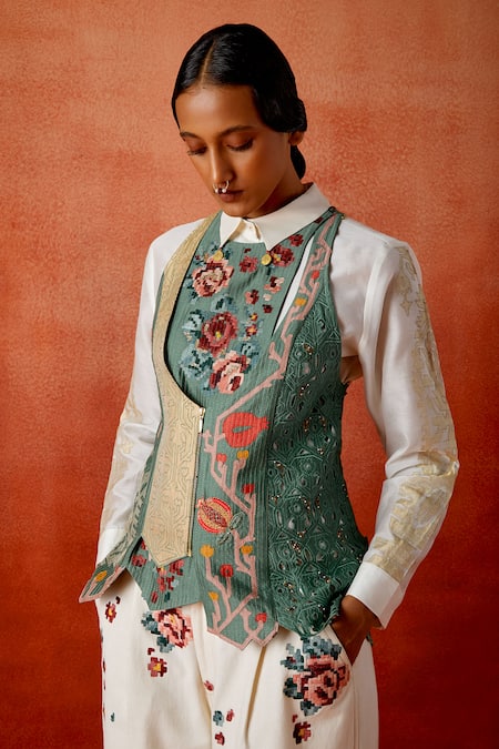 Shop_Jajaabor_Ivory Chanderi Silk, Denim Embroidery Collared, Open Neck Jacket Pant Set _Online_at_Aza_Fashions