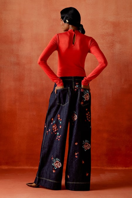 Jajaabor Red Silk Organza, Denim Embroidery, Cut Work Open Neck Trench Jacket And Pant Set Online at Aza Fashions Jajaabor_Red Silk Organza, Denim Embroidery, Cut Work Open Neck Trench Jacket And Pant Set _Online_at_Aza_Fashions