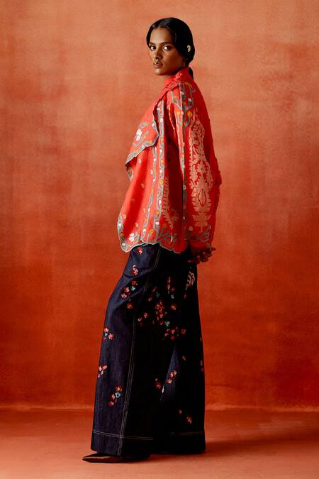 Buy Jajaabor Red Silk Organza, Denim Embroidery, Cut Work Open Neck Trench Jacket And Pant Set Online at Aza Fashions Buy_Jajaabor_Red Silk Organza, Denim Embroidery, Cut Work Open Neck Trench Jacket And Pant Set _Online_at_Aza_Fashions