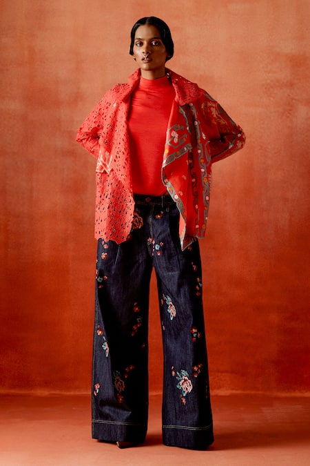 Jajaabor Embroidered Trench Jacket & Denim Pant Set 